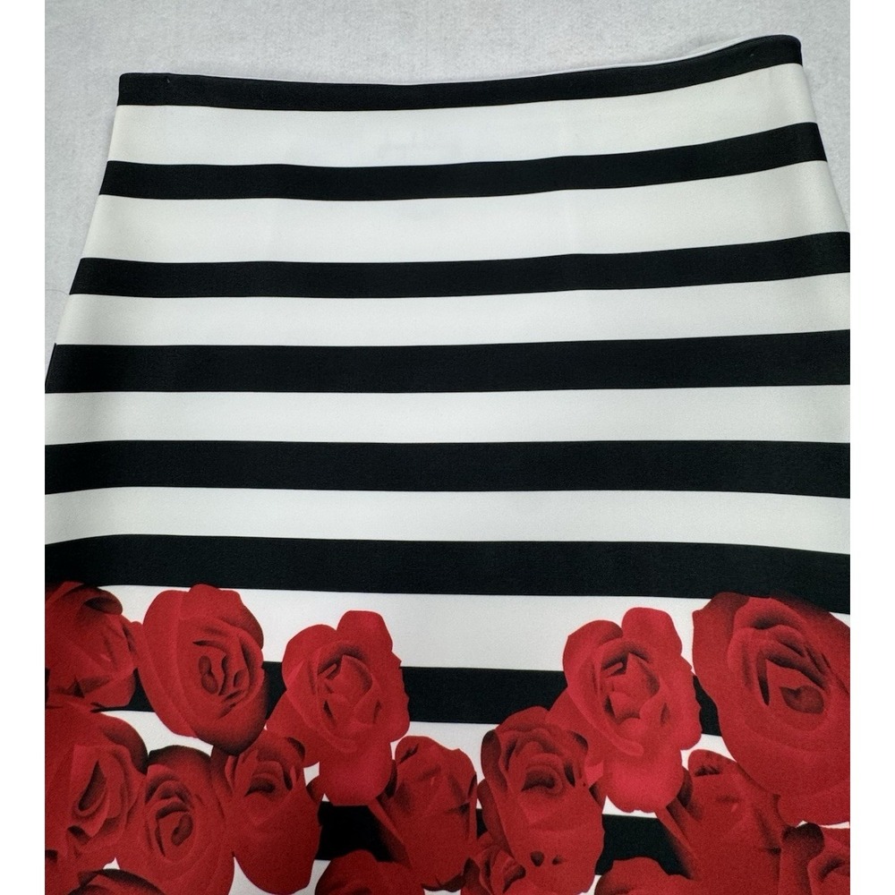 Joseph Ribkoff Pencil Skirt Women 4 Black White Stripe Red Rose Floral Pull On - Picture 3 of 11